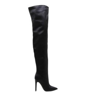 Kendall + Kylie Thigh High Black Satin Boots Alexx